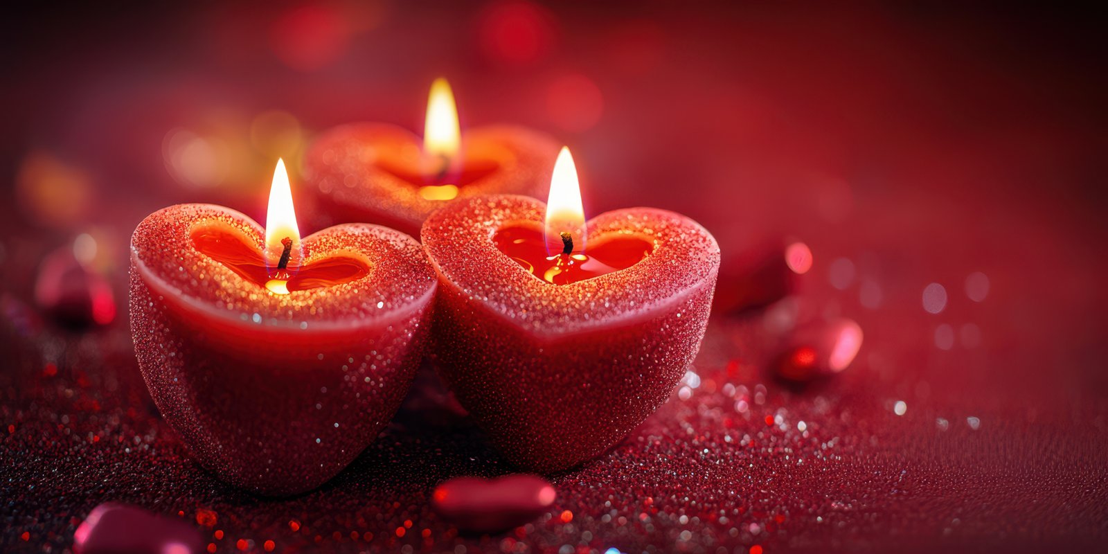 Romantic heart-shaped candles burning softly on a red background creating a cozy ambiance for a special evening